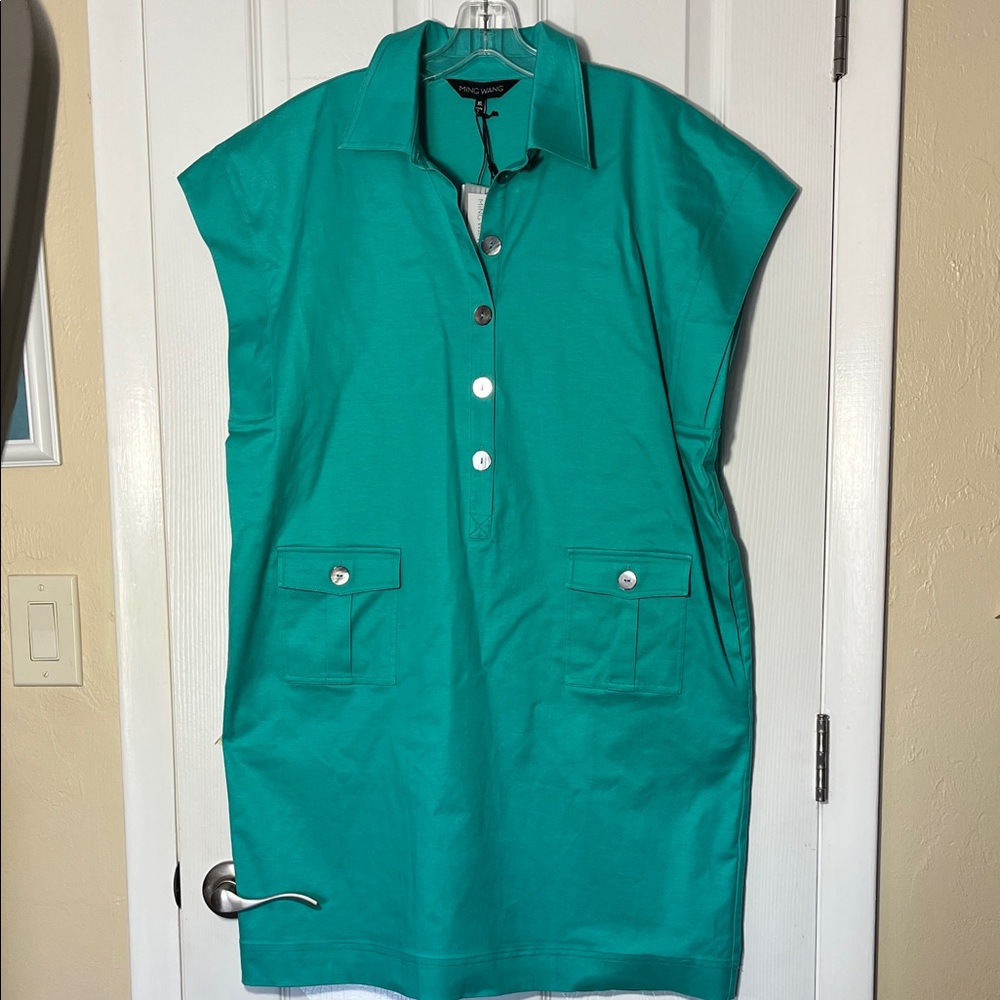 Ming Wang Tanya Foster New w Tags utility shift dress Aqua cotton tencel XL